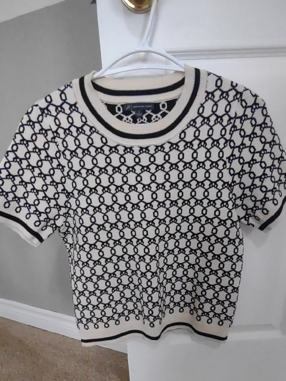 Adrianna Papell Black and Cream Geometric Knit Top